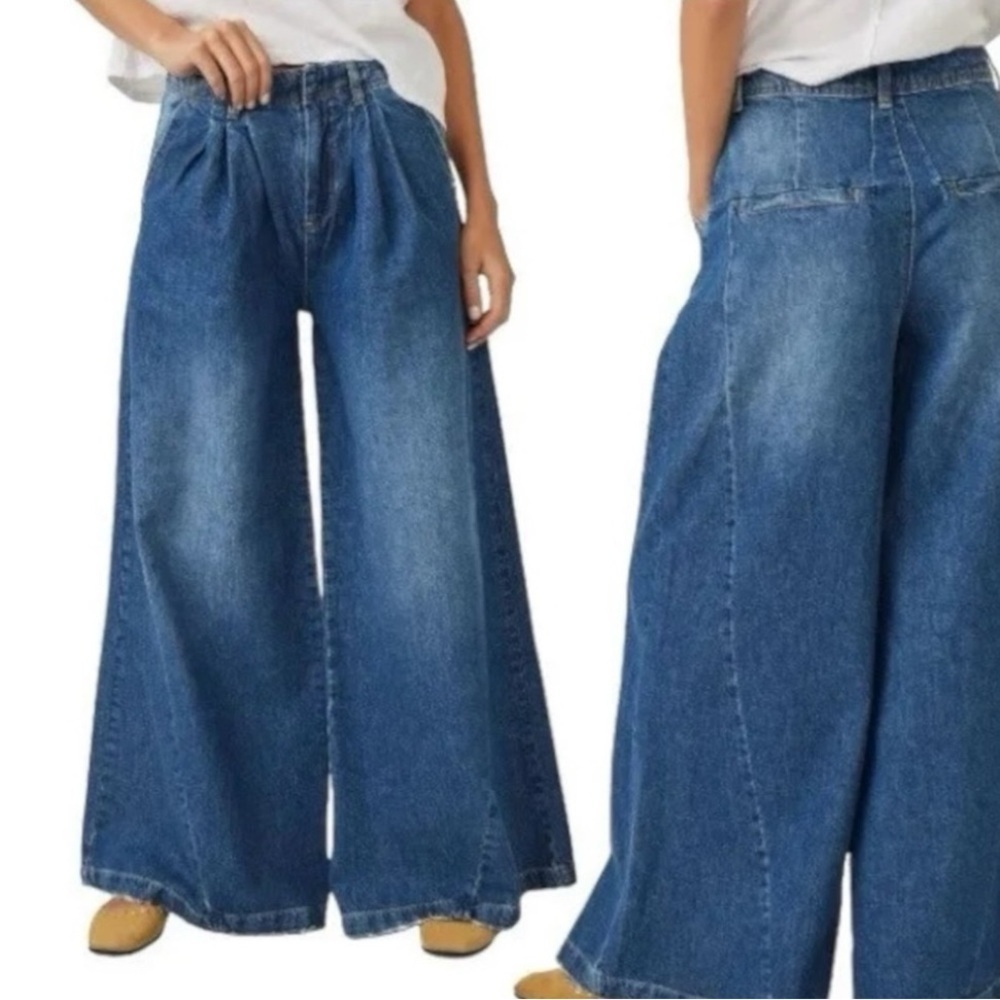 Free People Equinox Denim Trousers Lake Life Blue 29 Wide Leg Jeans Slouchy - Picture 6 of 16
